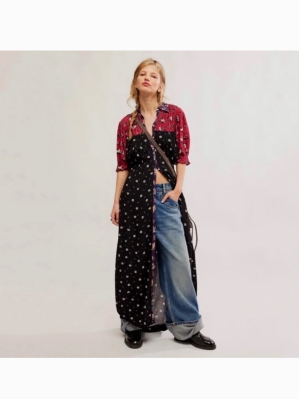 Free People Black Maxi Dress with Red Yoke